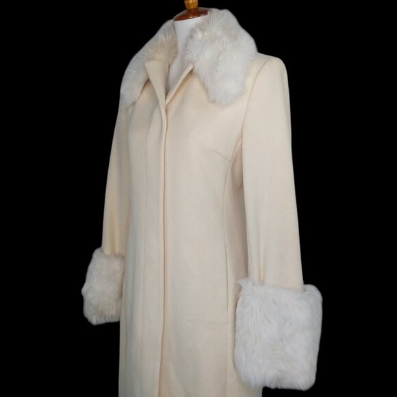 Express Wool Coat Size 5/6 Ivory Faux Fur Collar Cuffs Dressy Penny Lane Vintage - Picture 13 of 16